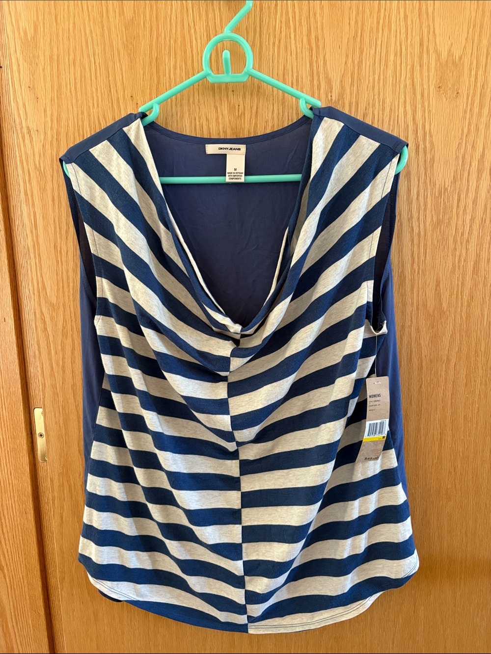DKNY Navy and White Striped Sleeveless Cowl Neck Camisole